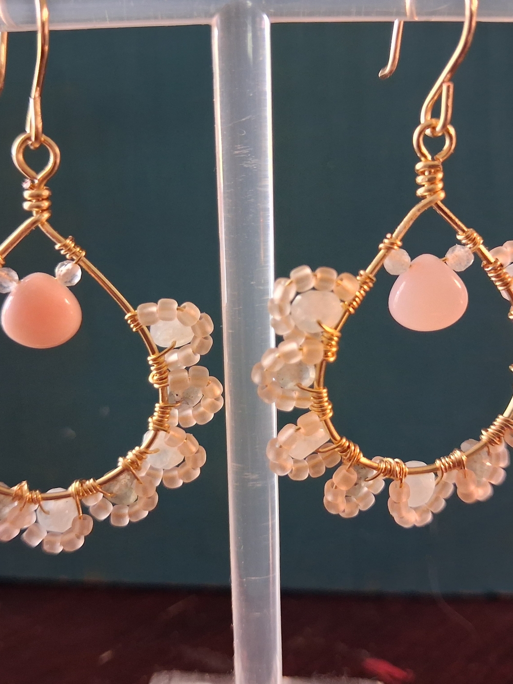 Gold Wire Hoop Earrings with Pink Bead Accents